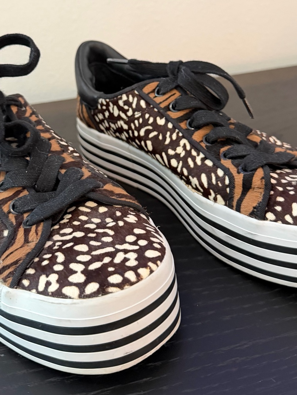 Alice + Olivia Mixed Animal Platform Sneakers - Black, Brown, Cream
